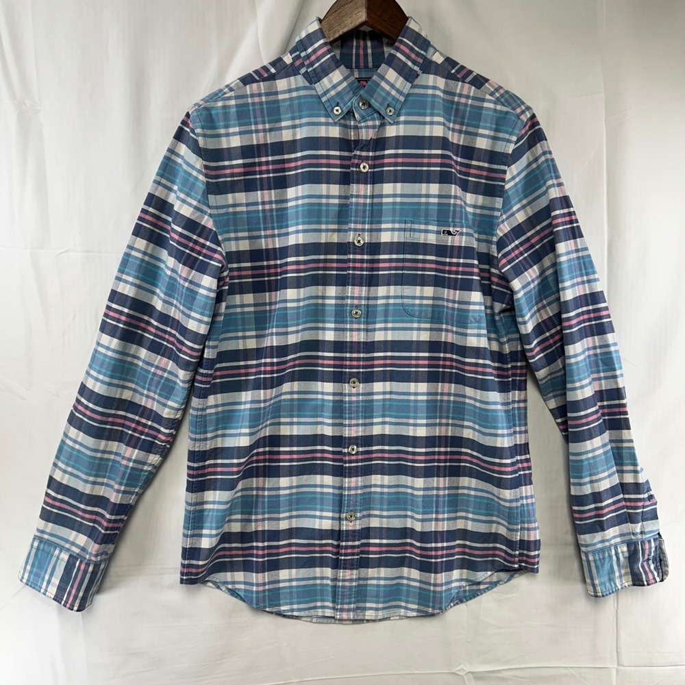 Vineyard Vines Tucker Shirt Mens Small Blue Pink Plaid Slim Fit Button Down
